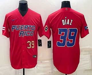 Mens Puerto Rico Baseball #39 Edwin Diaz Number 2023 Red World Baseball Classic Stitched Jerseys